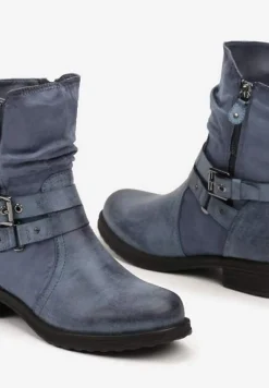 Niebieskie Botki Bikery na Płaskiej Podeszwie Ozdobione Paskiem ze Sprzączką Nelizia