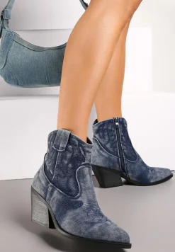 Niebieskie Botki Kowbojki na Słupku z Przeszyciami Weava