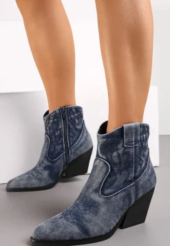 Niebieskie Botki Kowbojki na Słupku z Przeszyciami Weava