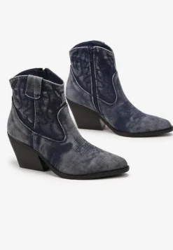 Niebieskie Botki Kowbojki na Słupku z Przeszyciami Weava