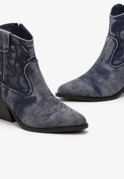 Niebieskie Botki Kowbojki na Słupku z Przeszyciami Weava