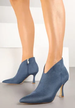 Niebieskie Botki na Obcasie ze Szpiczastym Noskiem i Ozdobnym Wycięciem Eladella
