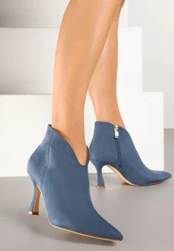 Niebieskie Botki na Obcasie ze Szpiczastym Noskiem i Ozdobnym Wycięciem Eladella