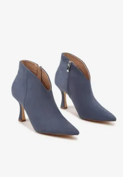 Niebieskie Botki na Obcasie ze Szpiczastym Noskiem i Ozdobnym Wycięciem Eladella