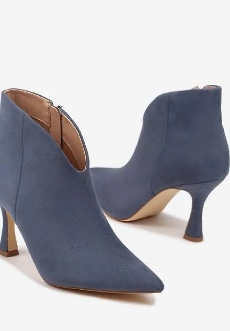 Niebieskie Botki na Obcasie ze Szpiczastym Noskiem i Ozdobnym Wycięciem Eladella