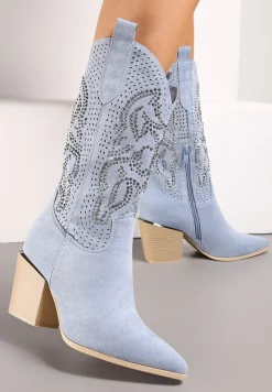 Niebieskie Botki na Słupku z Ekozamszu z Ażurowym Zdobieniem i Cyrkoniami Novalia