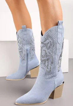 Niebieskie Botki na Słupku z Ekozamszu z Ażurowym Zdobieniem i Cyrkoniami Novalia