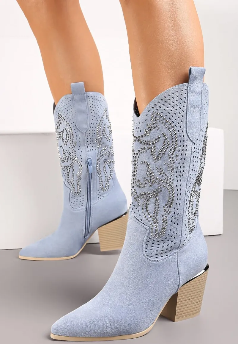 Niebieskie Botki na Słupku z Ekozamszu z Ażurowym Zdobieniem i Cyrkoniami Novalia