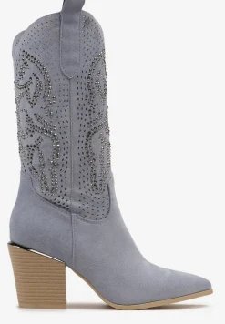 Niebieskie Botki na Słupku z Ekozamszu z Ażurowym Zdobieniem i Cyrkoniami Novalia