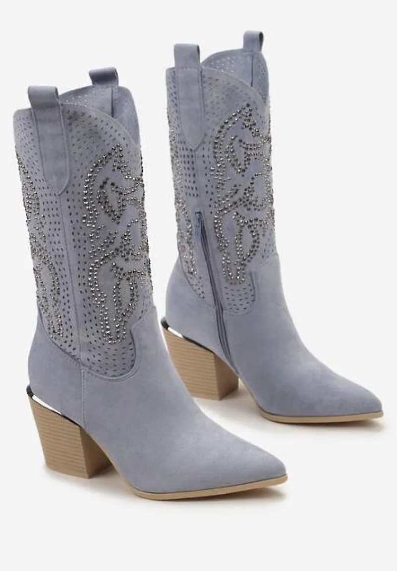 Niebieskie Botki na Słupku z Ekozamszu z Ażurowym Zdobieniem i Cyrkoniami Novalia