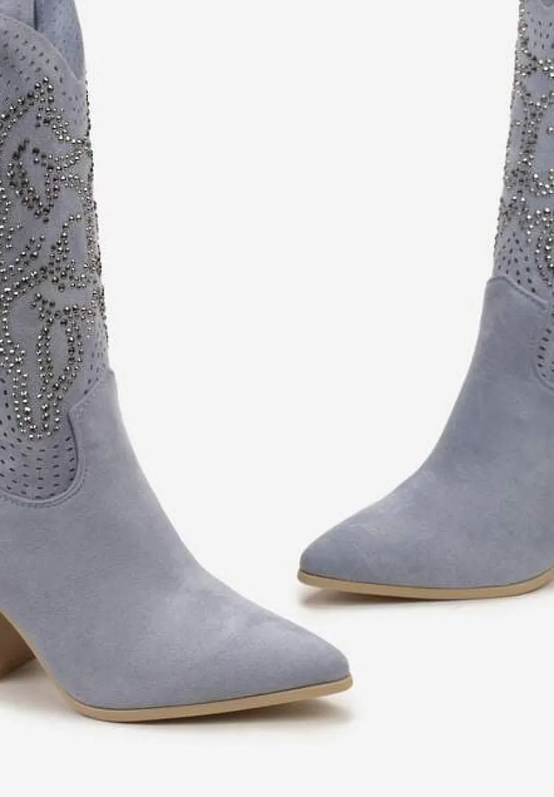 Niebieskie Botki na Słupku z Ekozamszu z Ażurowym Zdobieniem i Cyrkoniami Novalia