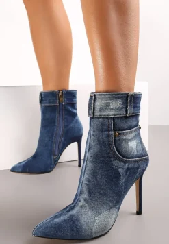 Niebieskie Botki za Kostkę na Szpilce z Jeansowego Materiału Engella