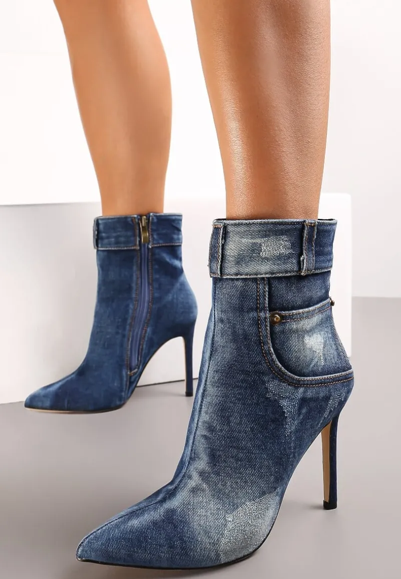 Niebieskie Botki za Kostkę na Szpilce z Jeansowego Materiału Engella
