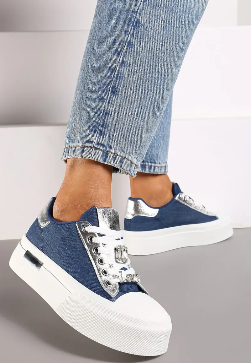 Niebieskie Casualowe Sneakersy na Platformie Ozdobione Cyrkoniami i Metalicznymi Wstawkami Primaria
