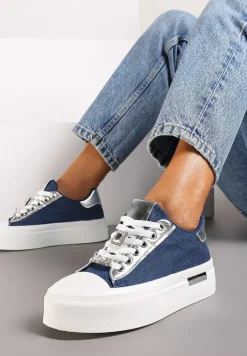Niebieskie Casualowe Sneakersy na Platformie Ozdobione Cyrkoniami i Metalicznymi Wstawkami Primaria
