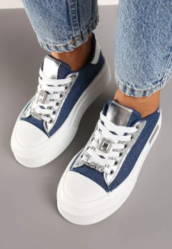 Niebieskie Casualowe Sneakersy na Platformie Ozdobione Cyrkoniami i Metalicznymi Wstawkami Primaria