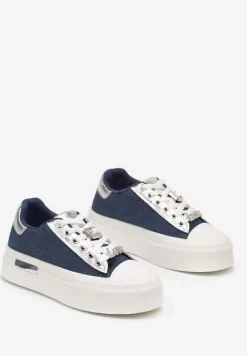 Niebieskie Casualowe Sneakersy na Platformie Ozdobione Cyrkoniami i Metalicznymi Wstawkami Primaria