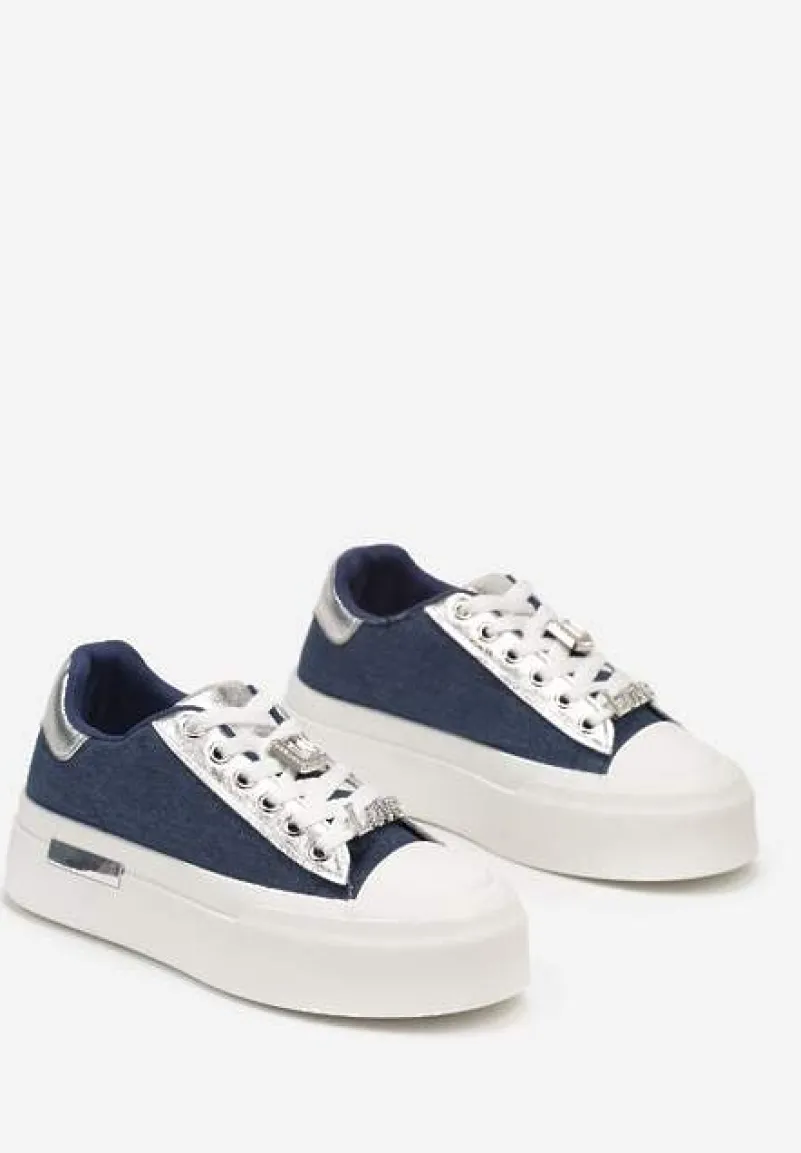 Niebieskie Casualowe Sneakersy na Platformie Ozdobione Cyrkoniami i Metalicznymi Wstawkami Primaria