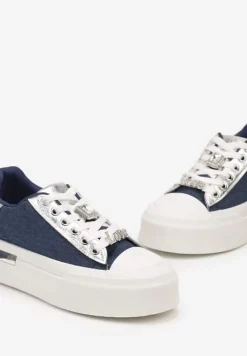 Niebieskie Casualowe Sneakersy na Platformie Ozdobione Cyrkoniami i Metalicznymi Wstawkami Primaria