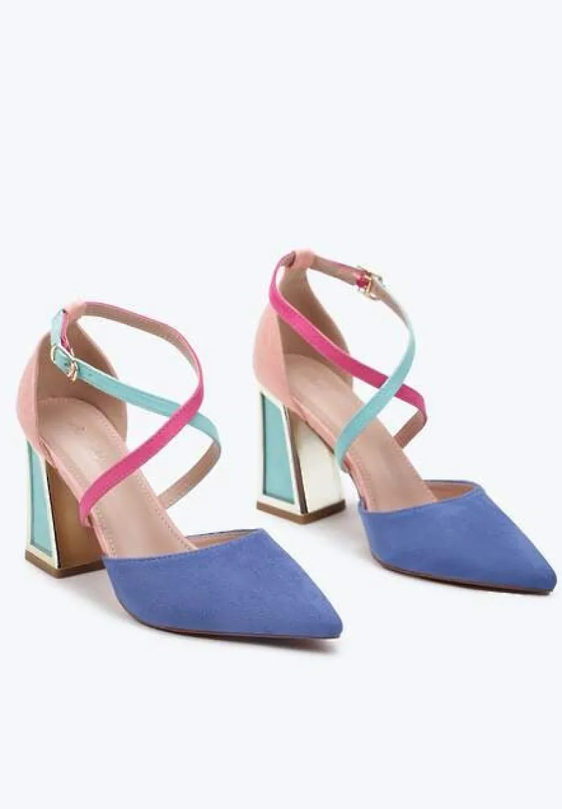 Niebieskie Czółenka na Obcasie w Kształcie Stożka z Metalowym Obramowaniem Haslia