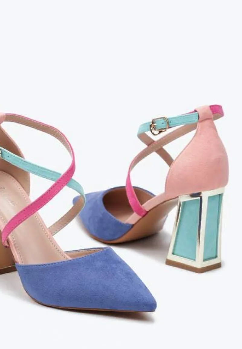 Niebieskie Czółenka na Obcasie w Kształcie Stożka z Metalowym Obramowaniem Haslia