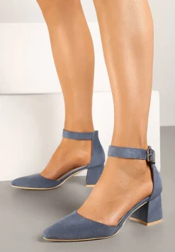 Niebieskie Czółenka na Słupku Vices ze Skórzaną Wkładką i Paskiem Wokół Kostki Eveliri