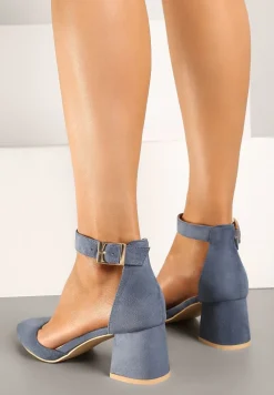 Niebieskie Czółenka na Słupku Vices ze Skórzaną Wkładką i Paskiem Wokół Kostki Eveliri