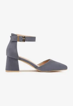 Niebieskie Czółenka na Słupku Vices ze Skórzaną Wkładką i Paskiem Wokół Kostki Eveliri