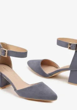 Niebieskie Czółenka na Słupku Vices ze Skórzaną Wkładką i Paskiem Wokół Kostki Eveliri