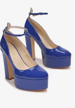 Niebieskie Czółenka Na Słupku i Platformie z Lakierowanym Wykończeniem Emersen