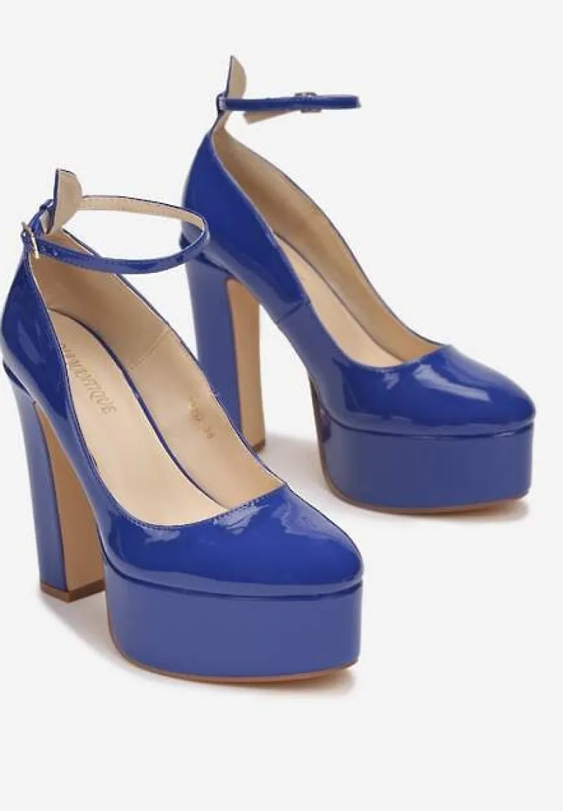 Niebieskie Czółenka Na Słupku i Platformie z Lakierowanym Wykończeniem Emersen