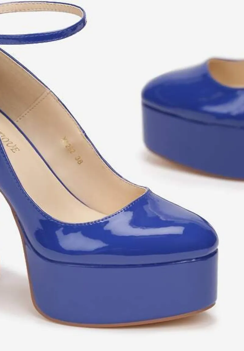 Niebieskie Czółenka Na Słupku i Platformie z Lakierowanym Wykończeniem Emersen