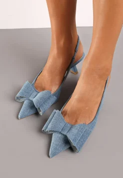 Niebieskie Czółenka na Szpilce Kaczuszce Ozdobione Cyrkoniami i Kokardą Felabra