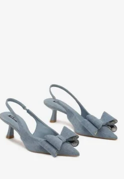 Niebieskie Czółenka na Szpilce Kaczuszce Ozdobione Cyrkoniami i Kokardą Felabra