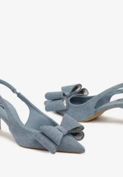 Niebieskie Czółenka na Szpilce Kaczuszce Ozdobione Cyrkoniami i Kokardą Felabra