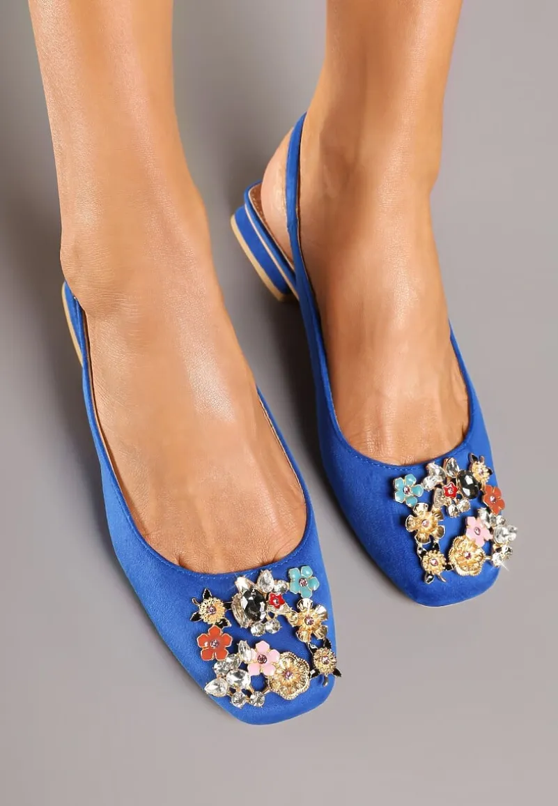 Niebieskie Czółenka Slingback Vices z Cyrkoniami i Wkładką ze Skóry Eklina