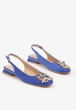 Niebieskie Czółenka Slingback Vices z Cyrkoniami i Wkładką ze Skóry Eklina