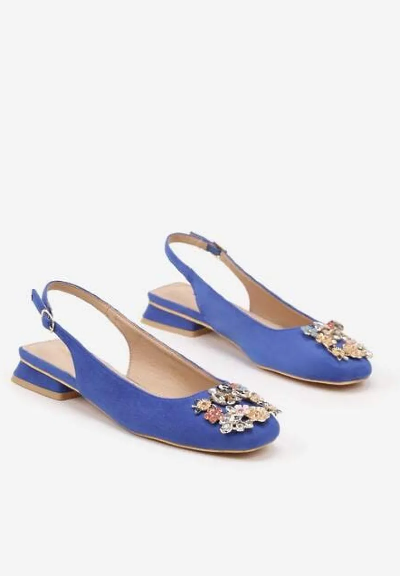 Niebieskie Czółenka Slingback Vices z Cyrkoniami i Wkładką ze Skóry Eklina