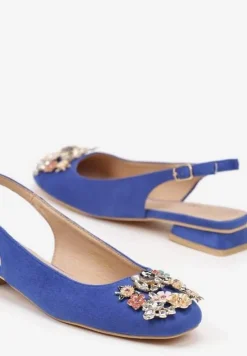 Niebieskie Czółenka Slingback Vices z Cyrkoniami i Wkładką ze Skóry Eklina