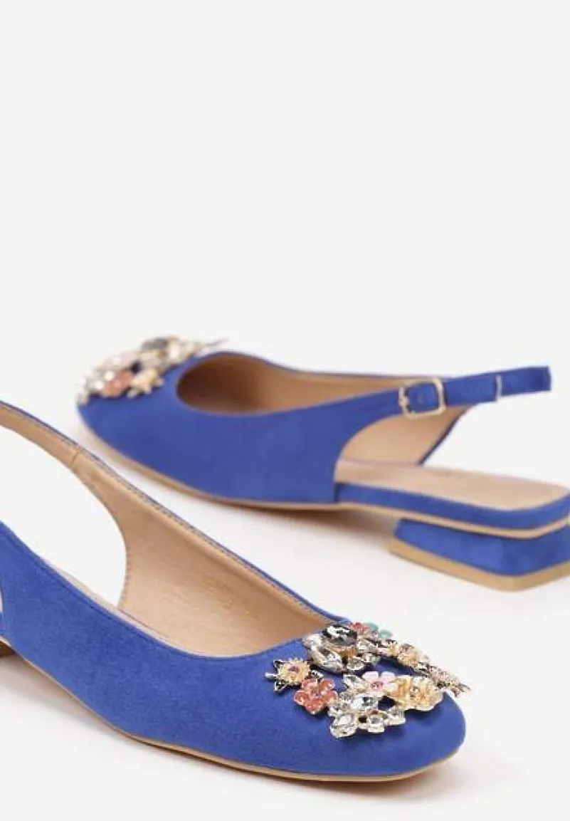 Niebieskie Czółenka Slingback Vices z Cyrkoniami i Wkładką ze Skóry Eklina