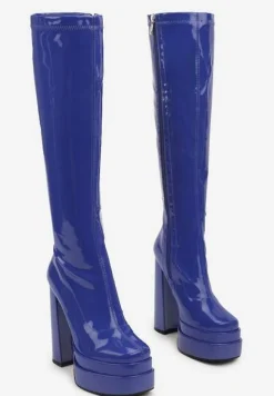 Niebieskie Dopasowane Kozaki przed Kolano na Słupku i Platformie Evalthea