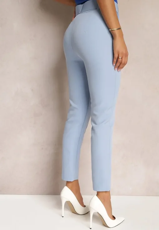 Niebieskie Dopasowane Spodnie Garniturowe High Waist z Paskiem w Talii Ozdobionym Klamrą Binah