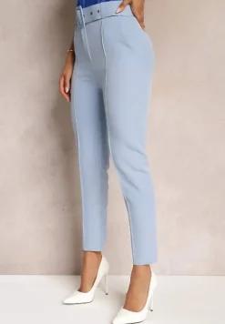 Niebieskie Dopasowane Spodnie Garniturowe High Waist z Paskiem w Talii Ozdobionym Klamrą Binah