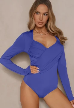 Niebieskie Eleganckie Body Longsleeve z Ozdobnym Marszczeniem Zimanya