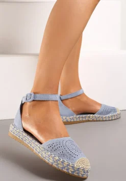 Niebieskie Espadryle na Płaskiej Podeszwie z Ażurowym Zdobieniem Zapinane Wokół Kostki Vizimaia