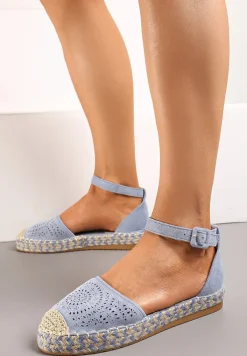 Niebieskie Espadryle na Płaskiej Podeszwie z Ażurowym Zdobieniem Zapinane Wokół Kostki Vizimaia