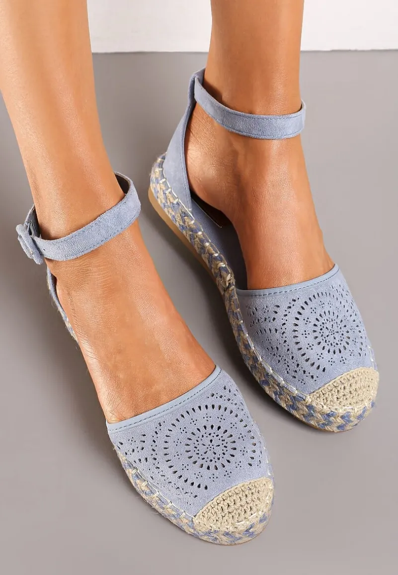 Niebieskie Espadryle na Płaskiej Podeszwie z Ażurowym Zdobieniem Zapinane Wokół Kostki Vizimaia