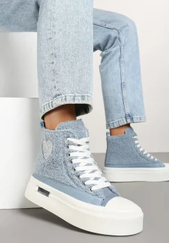 Niebieskie Futerkowe Trampki na Platformie z Ozdobną Naszywką w Kształcie Serca Aelinna