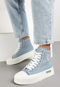 Niebieskie Futerkowe Trampki na Platformie z Ozdobną Naszywką w Kształcie Serca Aelinna