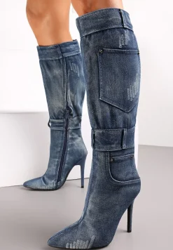 Niebieskie Jeansowe Kozaki przed Kolano na Szpilce Tusmma